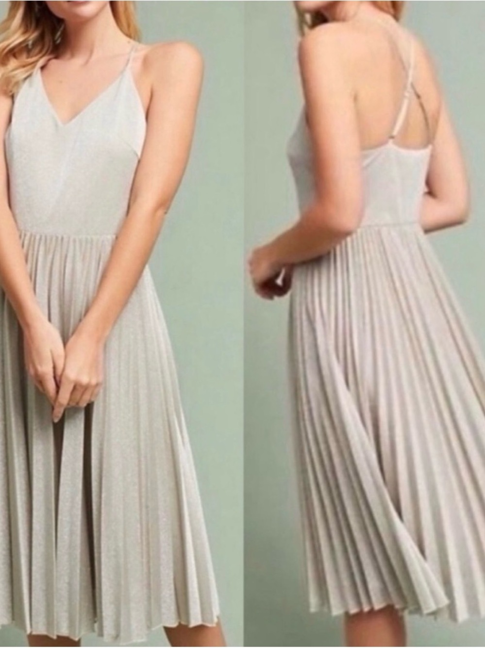 NWT Anthropologie Elevenses Lunar Pleated Metallic Shimmer Silver Midi Dress 0